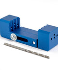 Blue aluminum Derby Car Drill Jig For Precise Axle Holes Create Straight Or 2.5 Degree Angled Holes And Raised Wheel Holes, includes drill bit.