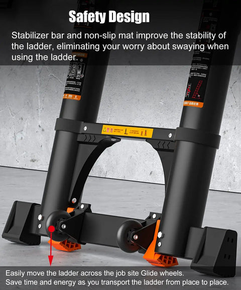 Safety design detail of Built Tough Aluminum Telescoping Extension Ladder with Quick Glide Wheels and anti-slip mat for stability.