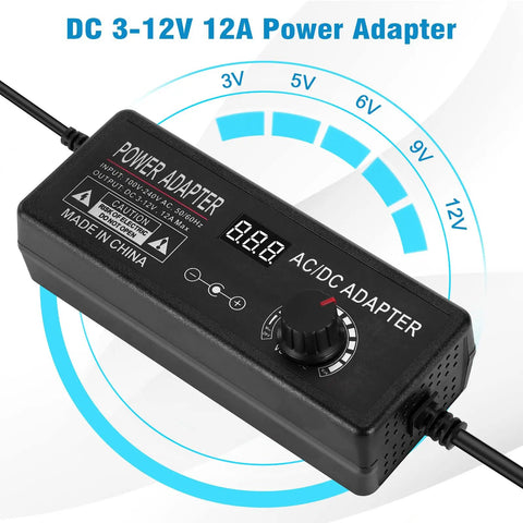 Adjustable DC Power Supply 3V To 12V 12A 144W With 14 Tips And Polarity Converter for LED strip lights and routers, top view