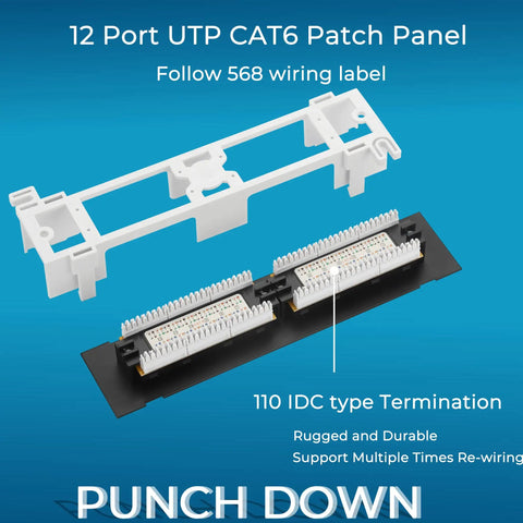 12 Port Cat6 Patch Panel With 10G Support For Home Networking components, featuring IDC termination blocks and wiring label guide.