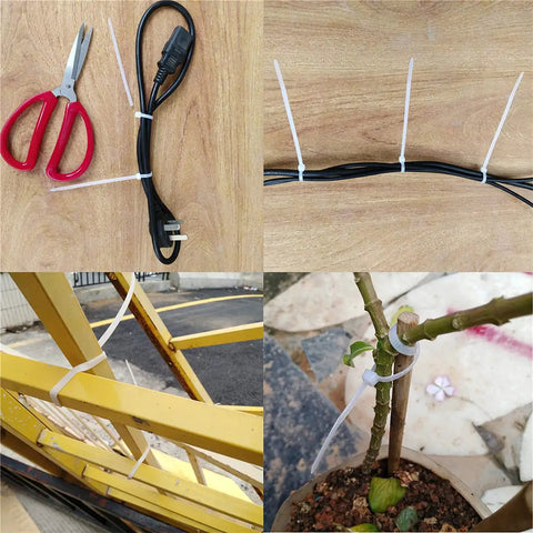 1000 Count 4 Inch Heavy Duty Cable Zip Ties securing cables, branches, and structures, showcasing versatility in various setups.