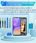 Samsung Galaxy A05 Screen Replacement Kit With Frame LCD Display Touch Digitizer Full Assembly And Handy Repair Tools Set For SM A055F A055M DS Easy Install And Quality Build For Long Lasting Performance, showing tools and digitizer.