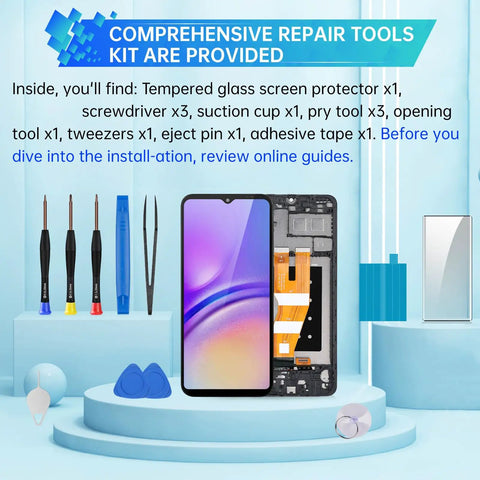 Samsung Galaxy A05 Screen Replacement Kit With Frame LCD Display Touch Digitizer Full Assembly And Handy Repair Tools Set For SM A055F A055M DS Easy Install And Quality Build For Long Lasting Performance, showing tools and digitizer.