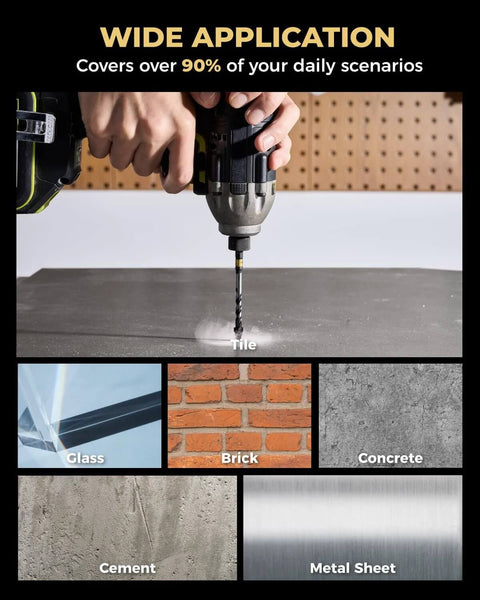 Toolant 5-piece serrated eccentric masonry drill bit set with carbide tips; 5/32–3/8 in; front view drilling tile.