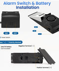 Product components highlighting alarm switch, battery installation, and polarity for 2 Pack Door Stop Alarm for Home and Travel Safety.