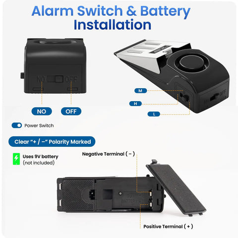 Product components highlighting alarm switch, battery installation, and polarity for 2 Pack Door Stop Alarm for Home and Travel Safety.