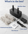 Turbo 600 RPM Home Glassware Polisher And Wine Glass Cleaner Machine That Scrubs Away Stubborn Marks No Sweat While Serving Up A Hella Pristine Crystal Shine On Every Piece Of Barware You Own complete kit includes machine base, polishing brush heads, power adapter, and user manual.