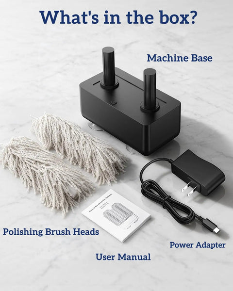 Turbo 600 RPM Home Glassware Polisher And Wine Glass Cleaner Machine That Scrubs Away Stubborn Marks No Sweat While Serving Up A Hella Pristine Crystal Shine On Every Piece Of Barware You Own complete kit includes machine base, polishing brush heads, power adapter, and user manual.