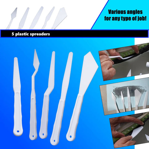 Black Shoe Repair Adhesive Bundle With Snip Tip Applicators And Plastic Spreader Tools showing 5 white spreaders with angled tips.