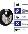 Heavy Duty 70mm Disc Padlock With Key Cut Resistant Stainless Steel Shackle Built Tough Weatherproof Lock For Sheds Garages