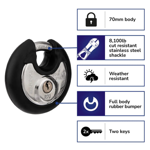 Heavy Duty 70mm Discus-Shaped Padlock With Key For Shed Garage Storage Lockers Sliding Doors Tool Boxes Cabinets 2 Pack Built Tough Beat-Proof Stainless Steel Shackle Weatherproof showing stainless steel shackle and features.