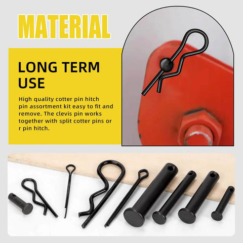 Carbon Steel Clevis Pin And R Clips Kit 100 Piece Assortment with clevis pins, R clips, and cotter pins displayed and in use