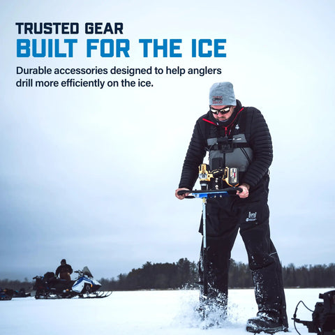 Ice angler using K-Drill and Strikemaster Lite-Flite To Drill Plate Adapter For Power Auger Setup Built Tough on frozen lake