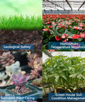 Split image showing four scenarios: geological survey, horticulture temperature monitoring, succulent plant care, and greenhouse soil management.