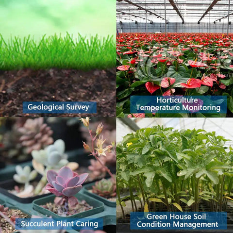 Split image showing four scenarios: geological survey, horticulture temperature monitoring, succulent plant care, and greenhouse soil management.