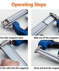 Operating steps for Built Tough Galvanized Brad Nails 18 Gauge, loading nails into a magazine for nail gun use.