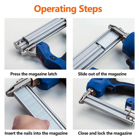 Operating steps for Built Tough Galvanized Brad Nails 18 Gauge, loading nails into a magazine for nail gun use.