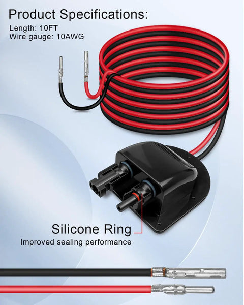 Weatherproof Solar Cable Entry Gland And Junction Box For RVs Boats Campers Vans Homes Garages And Shacks Includes 10ft 10AWG Solar Extension Cable Connector For Easy Install And Durable Outdoor Power Setup showing coiled cable