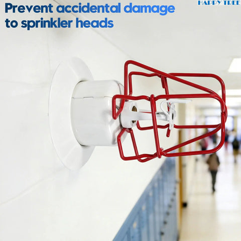 Rock Solid 10 Pack Red Fire Sprinkler Head Guards With Double Hook Mounting to Block Vandalism installed on wall.