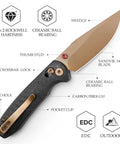 Dope Rose Gold Folding Knife for Men and Women 3 Inch 14C28N Steel Blade with PVD Coating, crossbar lock, carbon fiber handle