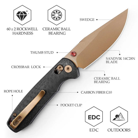 Dope Rose Gold Folding Knife for Men and Women 3 Inch 14C28N Steel Blade with PVD Coating, crossbar lock, carbon fiber handle