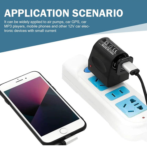 Dead Set Reliable 220V AC To DC Power Converter Waterproof Flame Retardant plugged into an outlet with a phone charging.