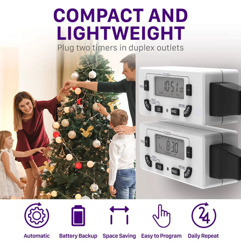 7-Day Digital Outlet Timer For Indoor Plug-In Lights, Lamps And Appliances, shown with Christmas tree setup, 2 Pack