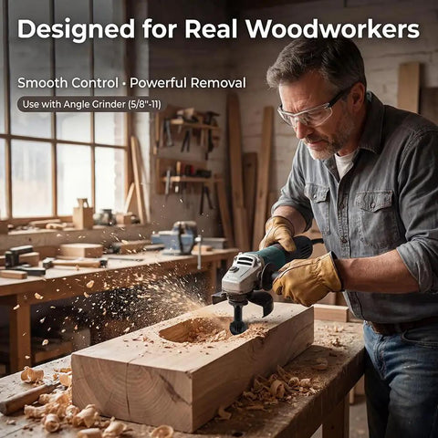 Man using 3 Piece Sphere Rotary Burr Set for wood carving and grinding with angle grinder, woodworking tools in workshop.
