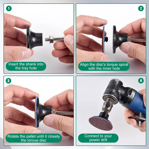 Instructional steps for setting up a 2 Inch Die Grinder Sanding Discs Kit With Quarter Inch Shank Roll Lock Discs for power drill use