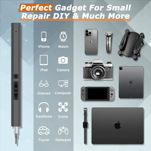 82 In 1 Precision Electric Screwdriver Set for glasses, watches, phones, displayed with various electronic devices