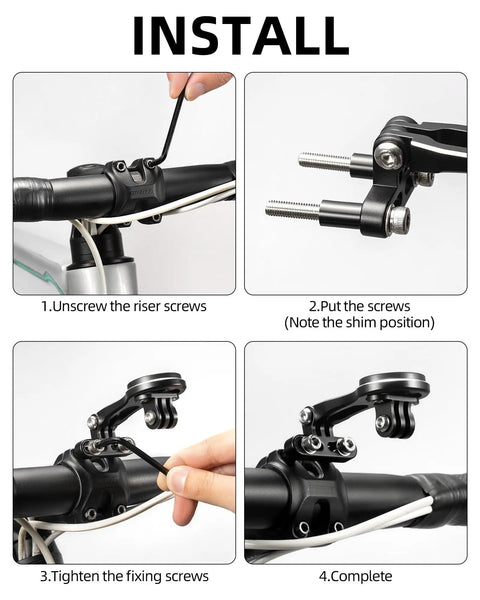 Installation steps for Slick Out Front Bike Computer Mount on a handlebar, showing process with lightweight aluminum mount.