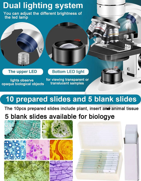 Trinocular Compound Microscope 40X-5000X Magnification For Adults With Dual Mechanical Stage And HD USB Camera Pro Grade Stereo Microscope With Wide Field Eyepieces Digital Eyepiece And Precision Optics For Research And Education, dual LED lighting and slide set