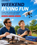 Father and son assembling Remote Control Paper Airplane Kit With Motor Powered Flight Gyro Stabilizer Foldable Lightweight Glider