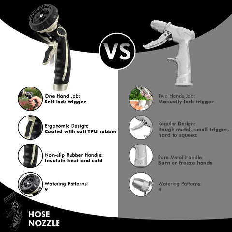 Comparison of heavy duty metal hose nozzle with easy self lock trigger and 9 spray patterns vs basic nozzle with manual lock.