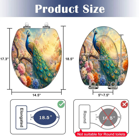 Elongated Peacock Perched Branch Blooming Flowers Vibrant Toilet Seat size dimensions illustration showing 18.5" elongated shape.