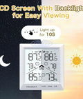 Square LCD screen of Indoor Outdoor Thermometer With Wireless Sensors And Backlit Display, High Precision Temperature And Humidity Monitor showing data.
