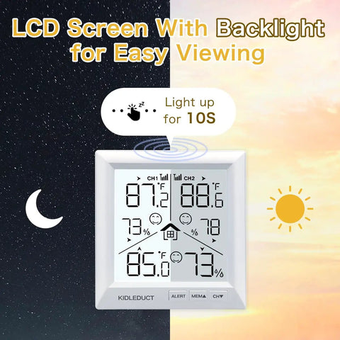 Square LCD screen of Indoor Outdoor Thermometer With Wireless Sensors And Backlit Display, High Precision Temperature And Humidity Monitor showing data.