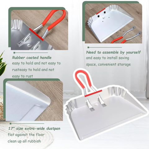 2 Pack 17 Inch Metal Dustpan and Brush Set Heavy Duty Industrial Sweeping Tool with Ergonomic Handle and Stiff Bristles showing rubber-coated handle and assembly details.