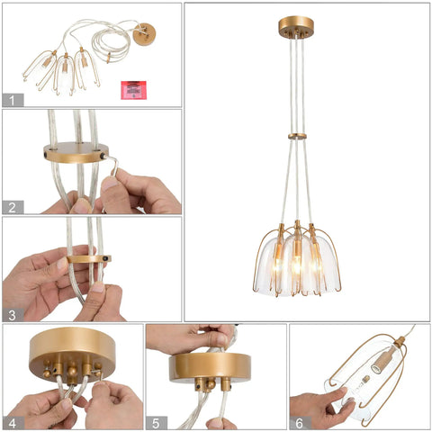 Installation guide for Gold Modern 3-Light Pendant Chandelier with Seeded Glass Shades, includes step-by-step wiring and assembly.