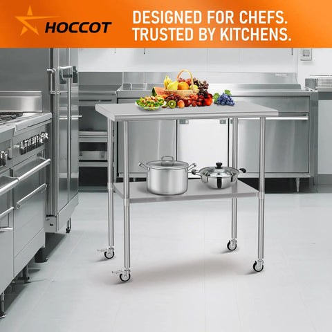 Stainless Steel Utility Work Table On Wheels 24 By 36 Heavy Duty Kitchen Cart With Adjustable Undershelf in commercial kitchen.