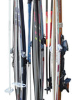 Built Tough Game Changing Heavy Duty Solid Wood Log Style Wall Mount Ski Rack Holds Six Pairs Of Skis And Poles Indoor Garage Wall Space Saver Organizer Rack Natural Finish with skis and poles displayed.