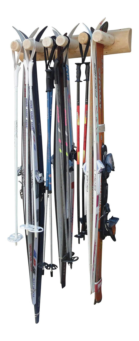 Built Tough Game Changing Heavy Duty Solid Wood Log Style Wall Mount Ski Rack Holds Six Pairs Of Skis And Poles Indoor Garage Wall Space Saver Organizer Rack Natural Finish with skis and poles displayed.