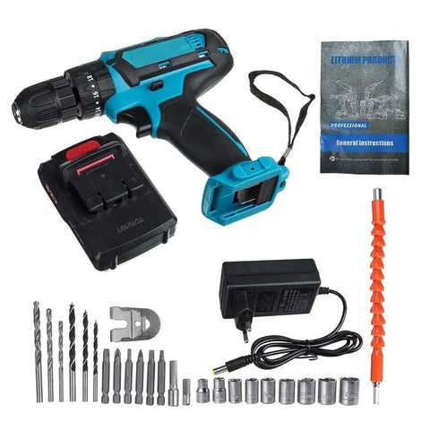 21V Lithium Ion Cordless Drill And Impact Driver Set With Variable Speed Trigger, battery, bits, and charger shown.