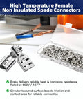 100 Piece Heavy Duty Female Spade Connectors 12 To 10 Gauge Non Insulated Crimp Terminals with brass design for reliable connections.