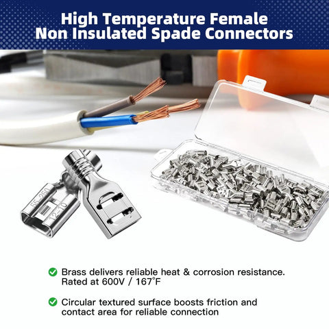 100 Piece Heavy Duty Female Spade Connectors 12 To 10 Gauge Non Insulated Crimp Terminals with brass design for reliable connections.