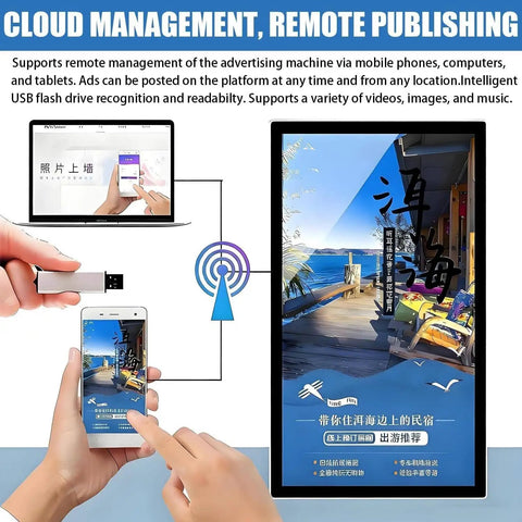 Next Level Clarity On This Hanging Digital Signage Display Featuring Straight Fire Picture Quality With Full Hd 1080p Lcd Panel And Ultra Wide Viewing Angles For Retail Showcasing showing remote cloud management features.