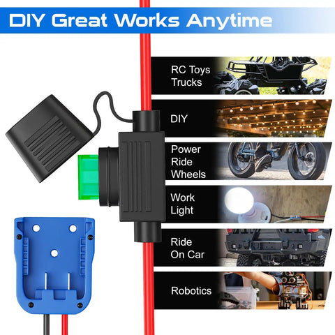 Beefed Up Power Ride Wheel Adapter For Kobalt 24V Battery With Fuse And Wire Terminal, shown with usage examples