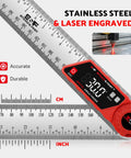 Rock Solid Digital Angle Finder With Built In Miter And Bevel Calculator 7 Inch LCD Screen, stainless steel body, accurate measurements.