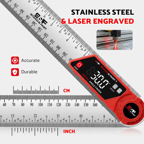 Rock Solid Digital Angle Finder With Built In Miter And Bevel Calculator 7 Inch LCD Screen, stainless steel body, accurate measurements.