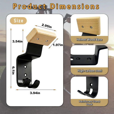 Heavy Duty Motorcycle Helmet Holder Wall Mount Solid Wood Steel Frame Two Key Hooks For Garage Rig Stash And Sports Gear Display In Tight Yellow Set Of Three Packs dimensions and features image